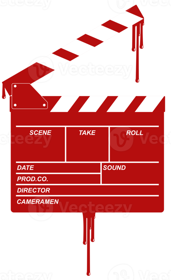 silhouet van de bloederig Filmklapper teken voor film of film icoon symbool met genre verschrikking, thriller, bloed, sadistisch, spatten, slasher, mysterie, eng of halloween poster film film. formaat PNG