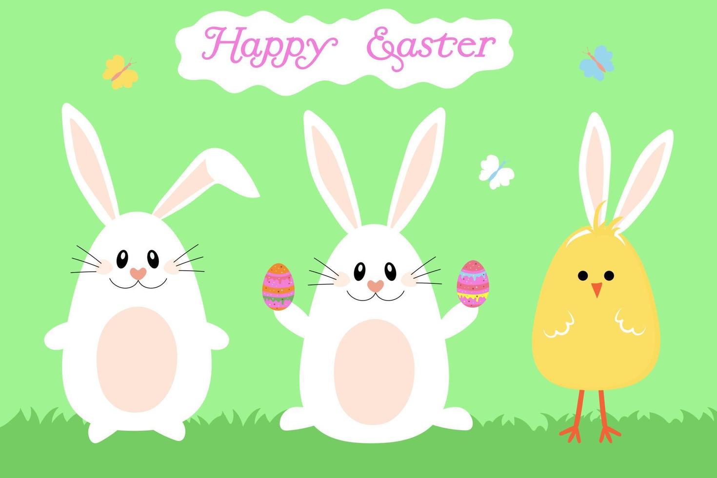 Easter bunnies and chick. Happy easter. Easter concept on green background. vector