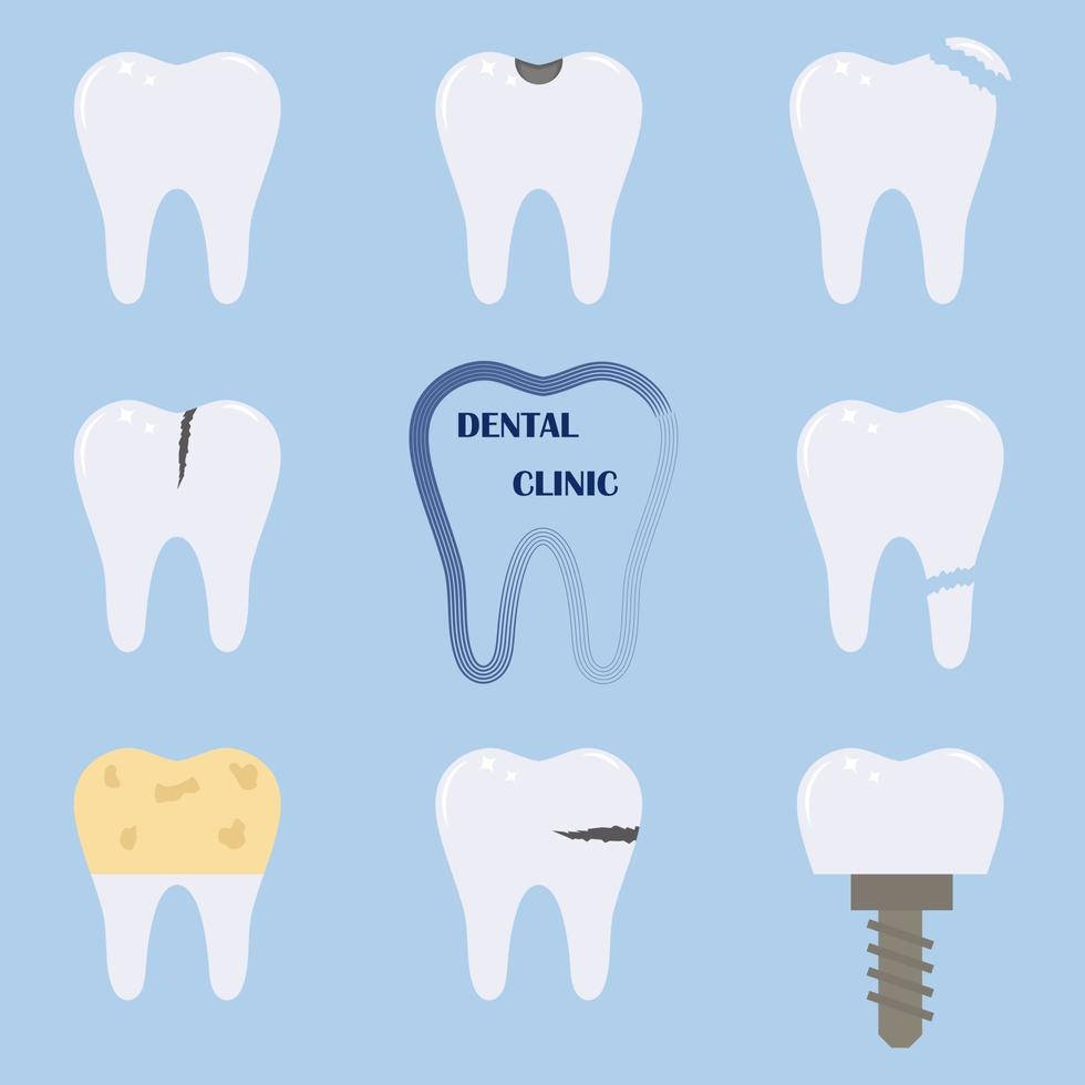 A set of teeth with various injuries. Healthy and diseased tooth, caries, broken root, plaque, stains, cracks. Banner, poster for printing. vector