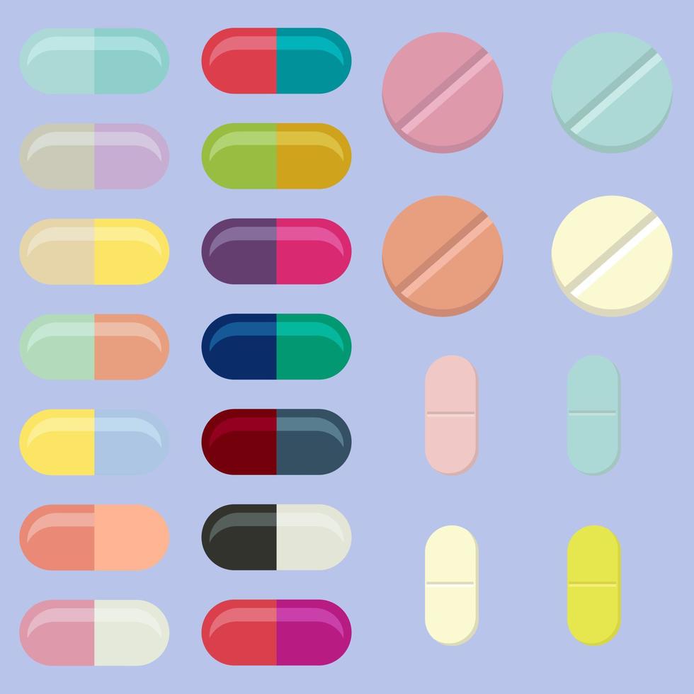 A set of capsules and tablets in different colors and different designs. vector