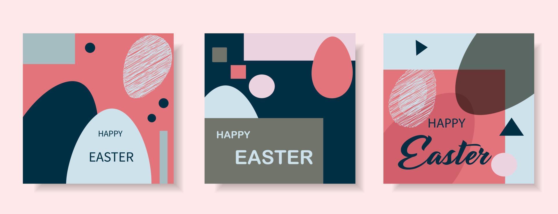 Easter set of cards, posters or covers in modern art style with geometric shapes and eggs. Trendy elegant templates for advertising, branding, congratulations or invitations vector