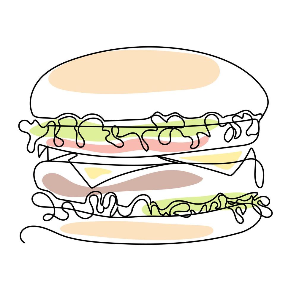 Delicious burger in one line, great design for any purpose. Vector background. Unhealthy Lifestyle. Design element. Vector illustration.