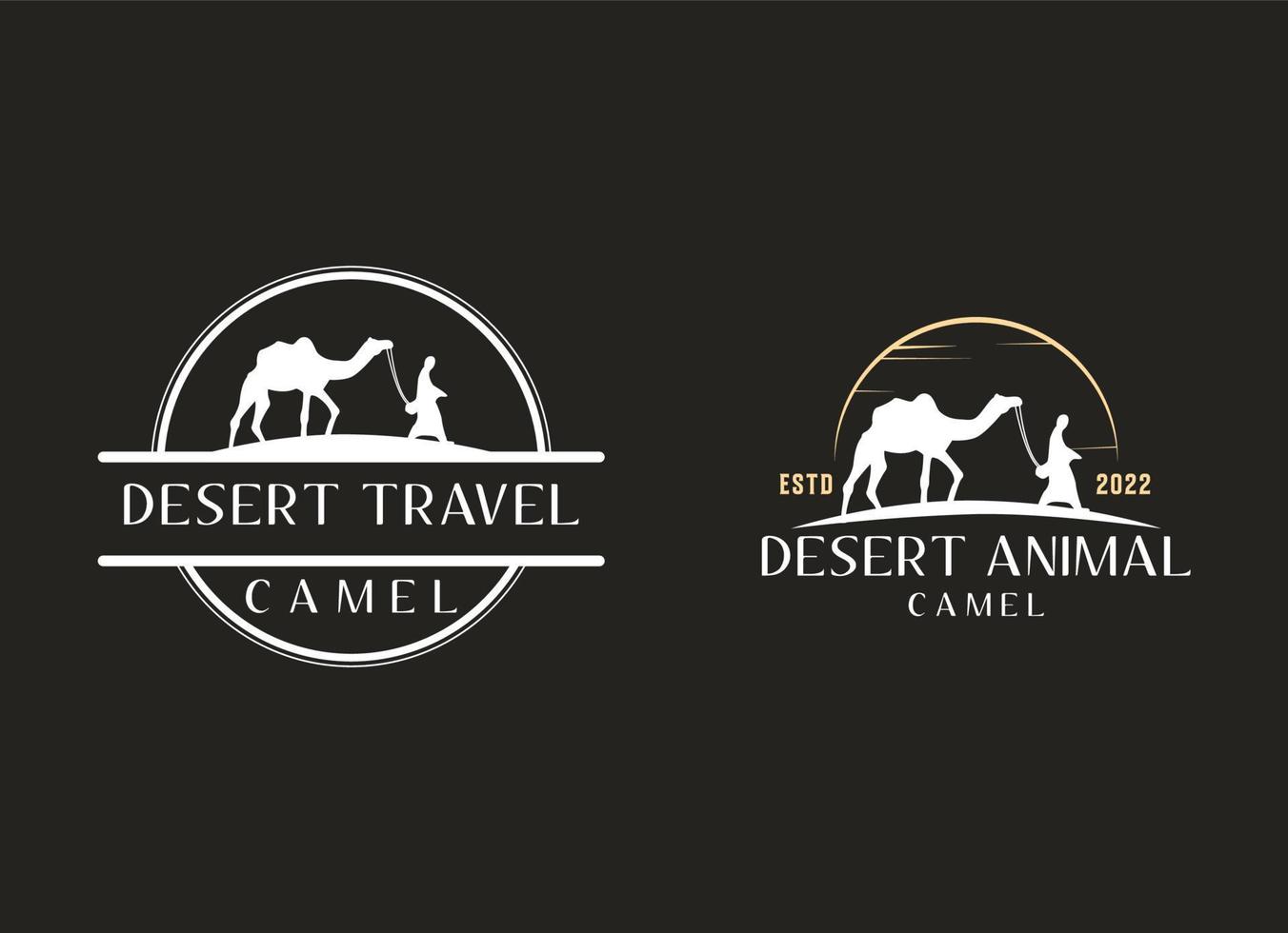 Arabian Logo caravan Camels in desert dunes on beige color gold sand under hot sun in circle wavy pattern background vector