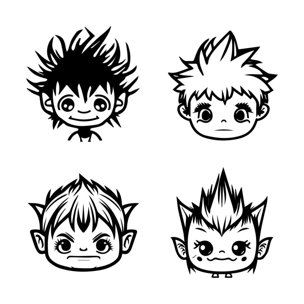 A cute anime troll head collection set featuring Hand drawn line art illustrations. Perfect for fans of fantasy creatures and kawaii art vector
