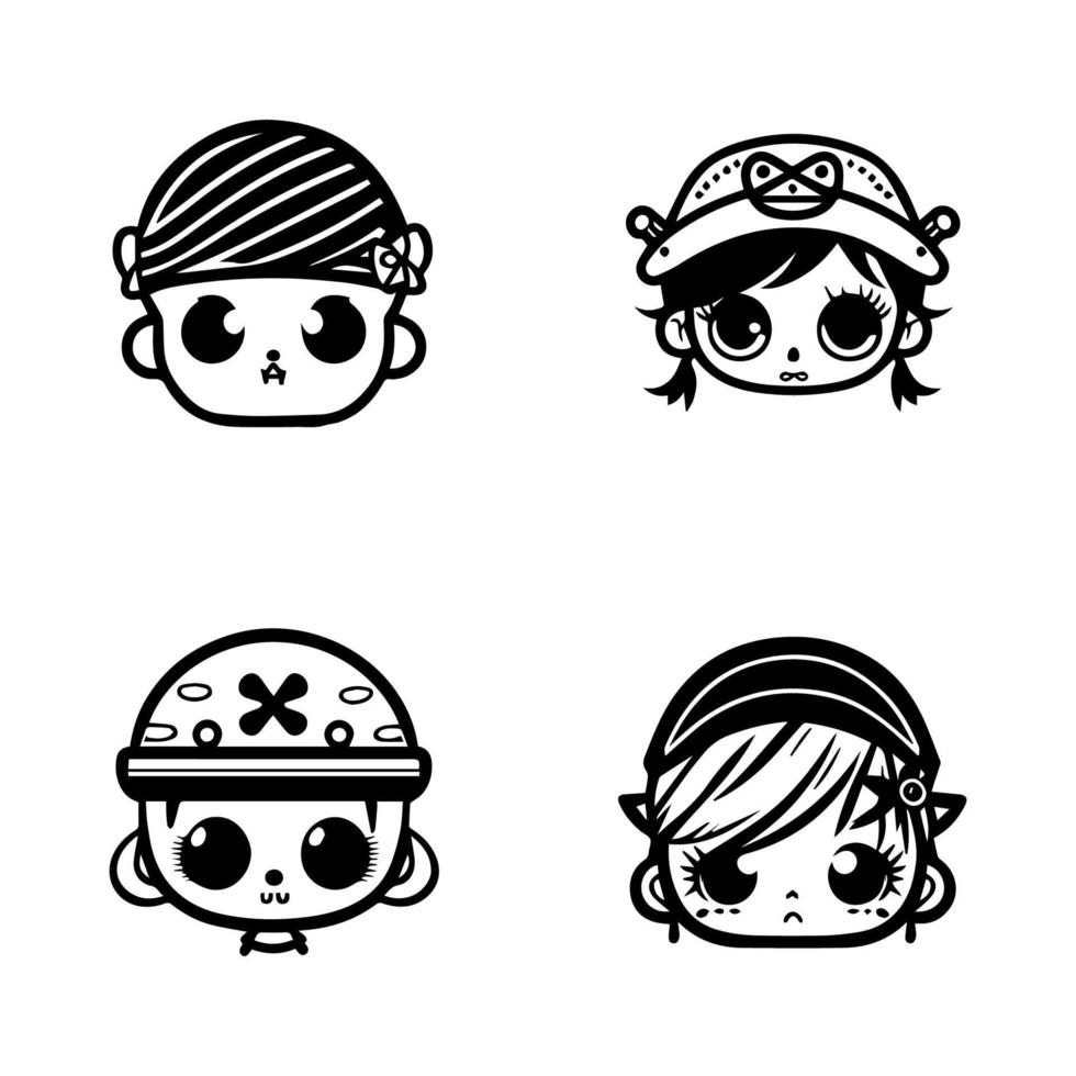 Set sail with our cute kawaii pirate head collection, all Hand drawn with playful details. These illustrations are perfect for adding a touch of adventure to your project vector