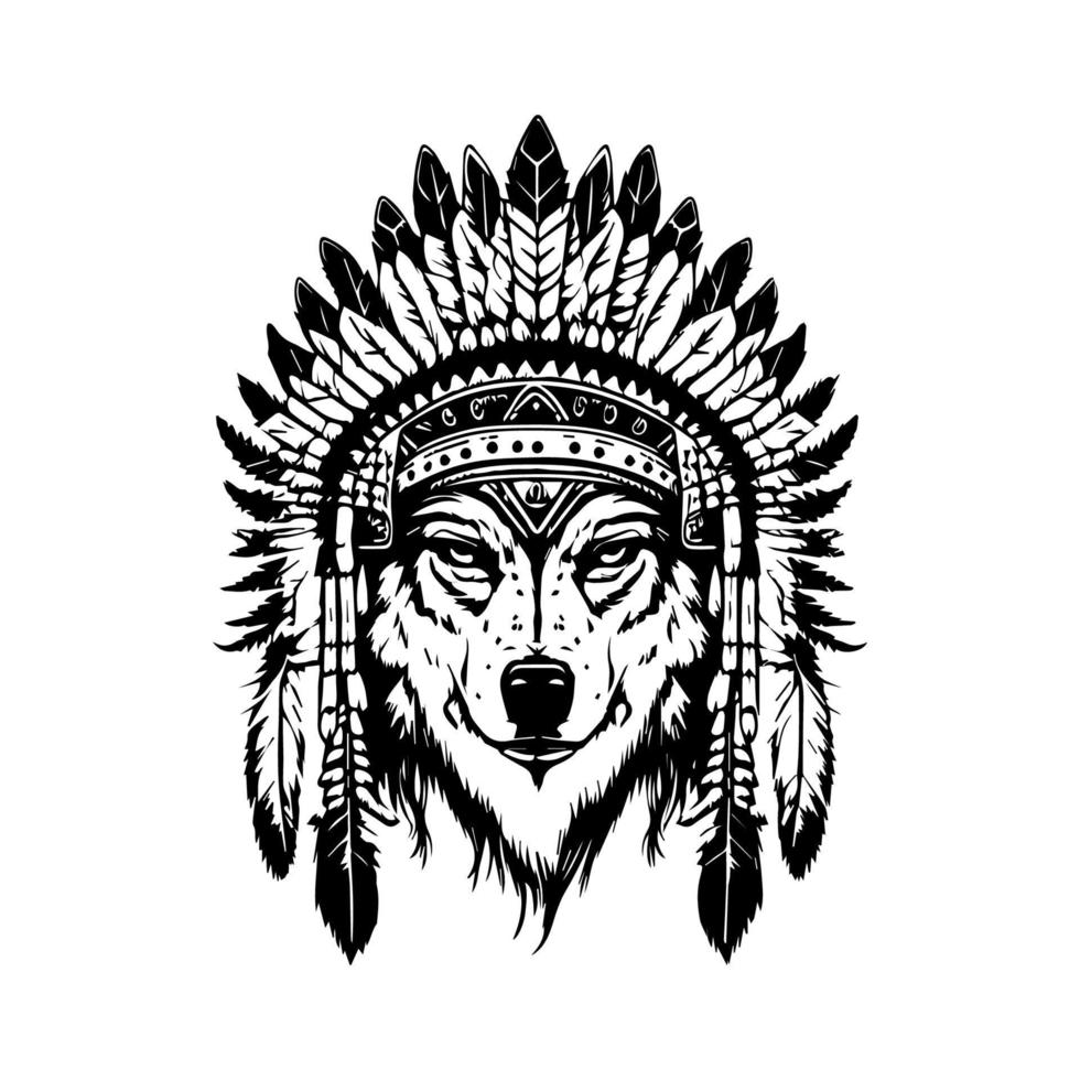 A collection of Hand drawn illustrations featuring a wolf wearing Indian chief head accessories. The designs are black and white and showcase the wolf with feathers, headdress, and tribal adornments vector