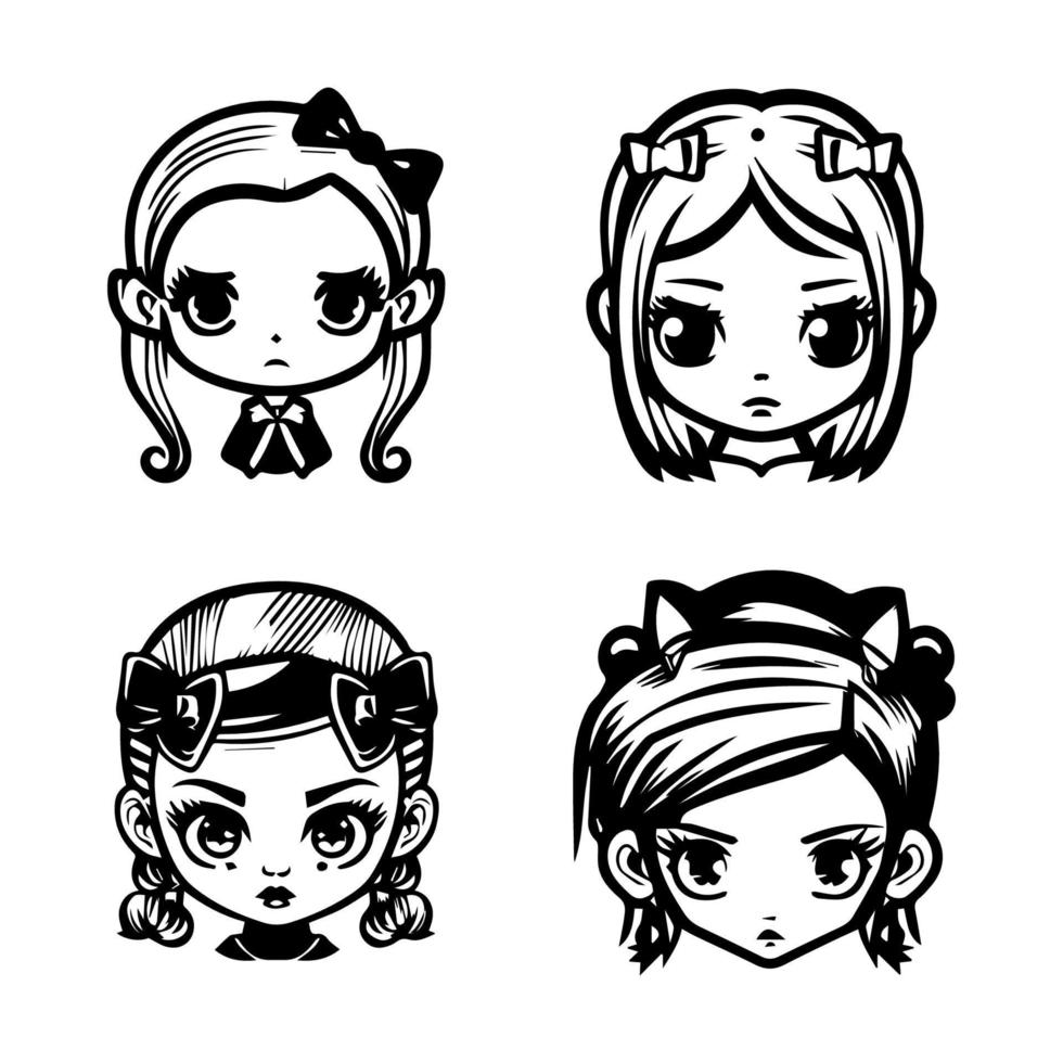 Charming and playful Hand drawn kawaii gangster girl collection set, featuring cute and quirky line art illustrations with a hint of attitude vector