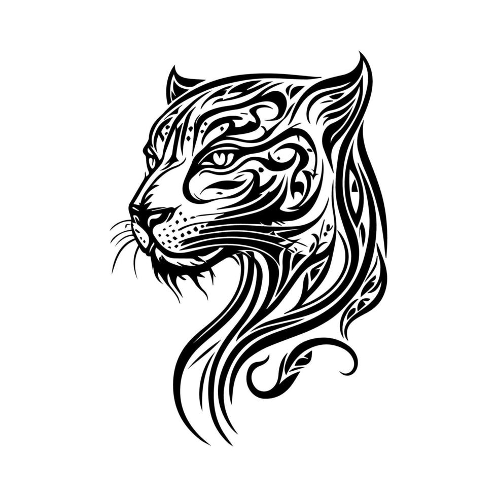 A fierce panther head in tribal tattoo style, depicted in black and white line art Hand drawn illustration vector