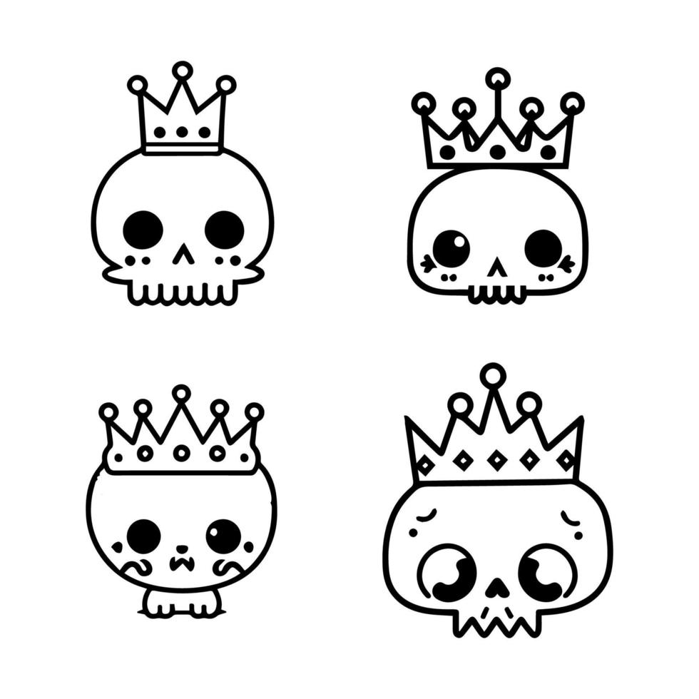 Adorable and whimsical Hand drawn collection set of cute kawaii skull heads with crowns, showcasing a playful fusion of dark and cute elements vector