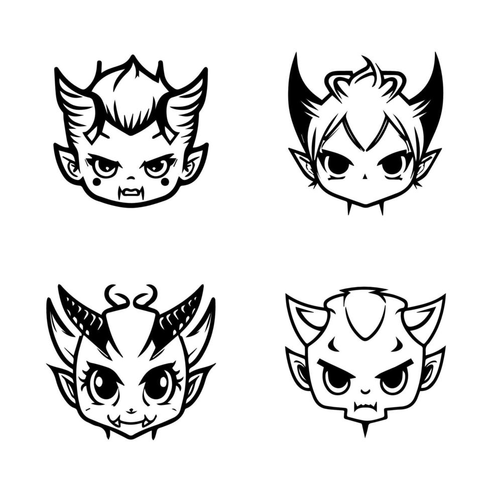 A collection of cute anime devil heads featuring various expressions and accessories, Hand drawn in intricate line art vector