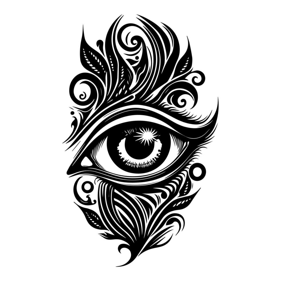 intricate eye tattoo concept, expertly crafted in detailed line art vector