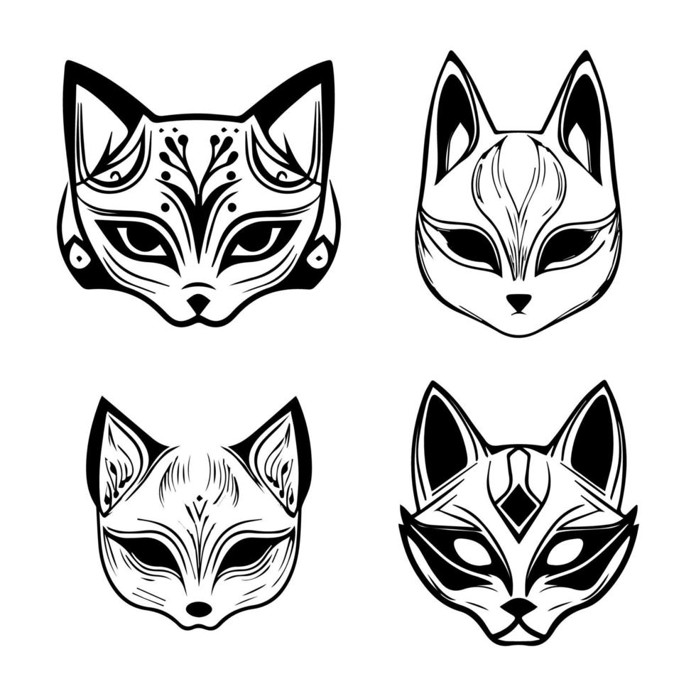 Enchanting and mystical Hand drawn collection set of cute Japanese kitsune masks, evoking a sense of traditional folklore and fox magic vector