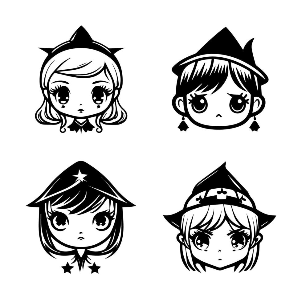 Get ready for some spooktacular fun with this cute kawaii spooky witch head collection set. Each witch head is Hand drawn with charming details that will put a smile on your face vector