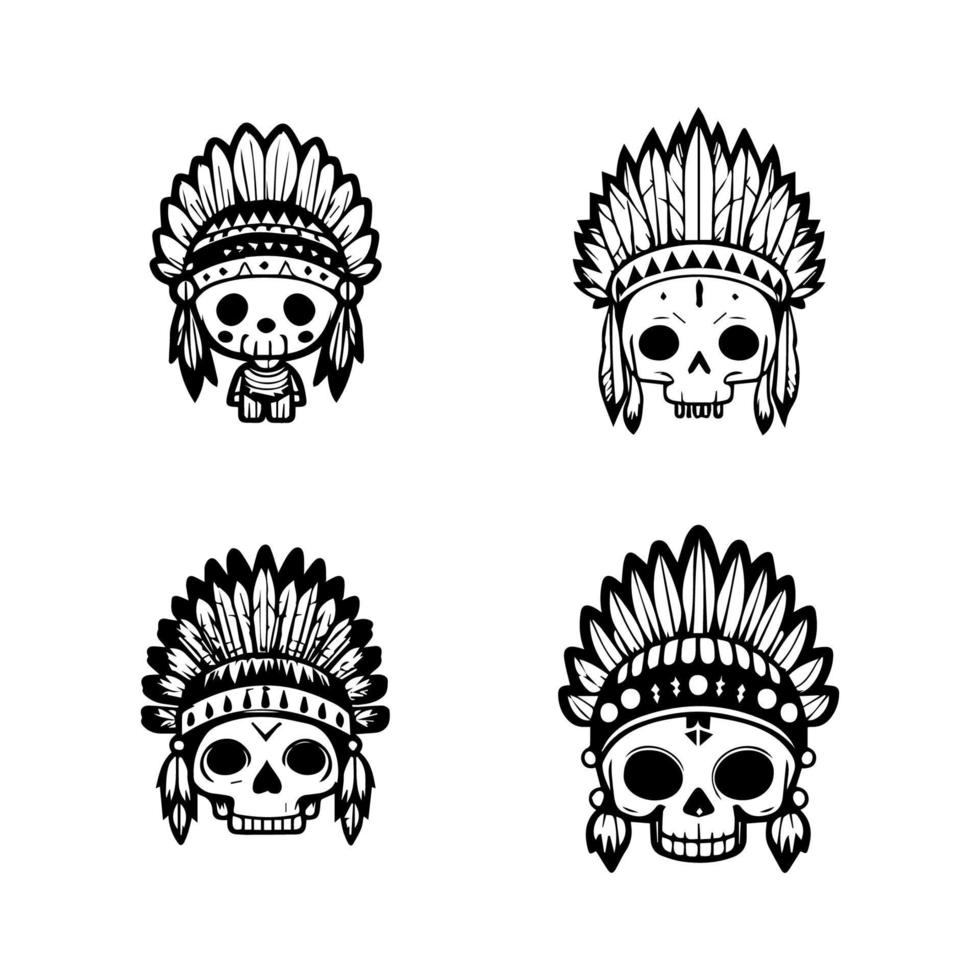 Add a touch of edgy cuteness to your project with our cute kawaii skull head logo wearing Indian chief accessories collection. Hand drawn with love, these illustrations vector
