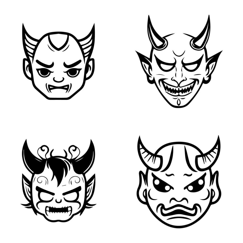 A set of cute kawaii Hannya masks, Hand drawn with clean line art. Each design features the iconic expression illustration vector