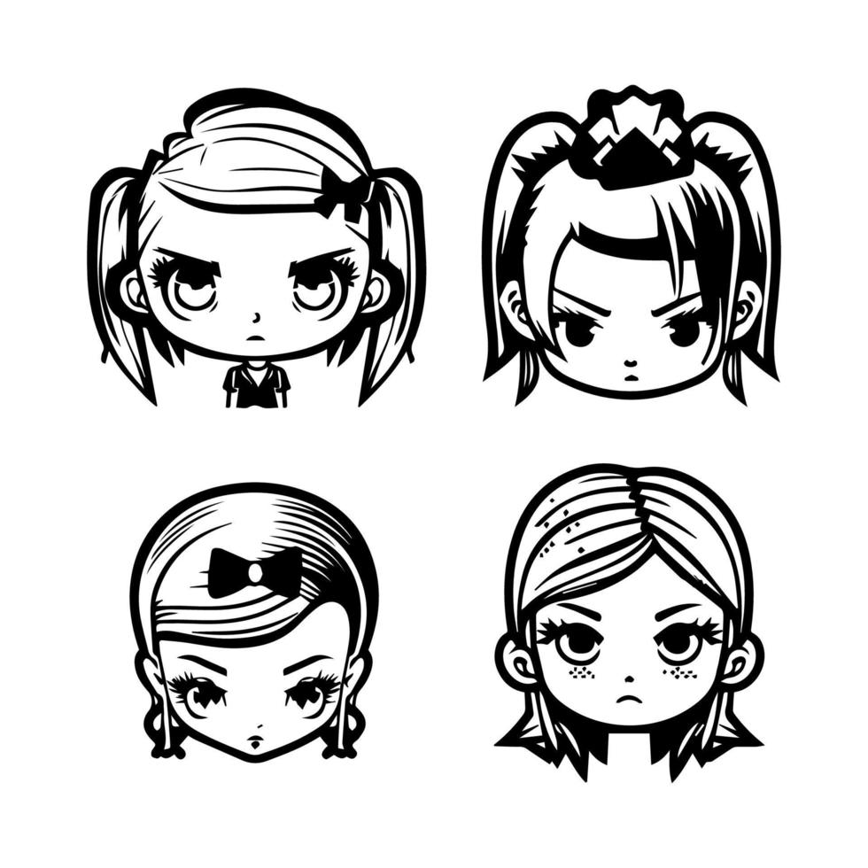 Charming and playful Hand drawn kawaii gangster girl collection set, featuring cute and quirky line art illustrations with a hint of attitude vector