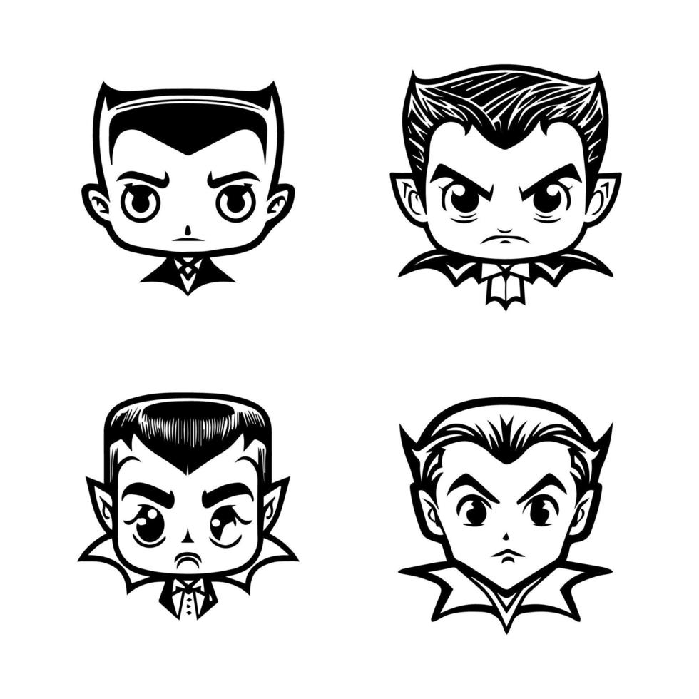 Charming and playful collection of Hand drawn line art illustrations featuring cute Dracula heads, perfect for Halloween or any occasion vector