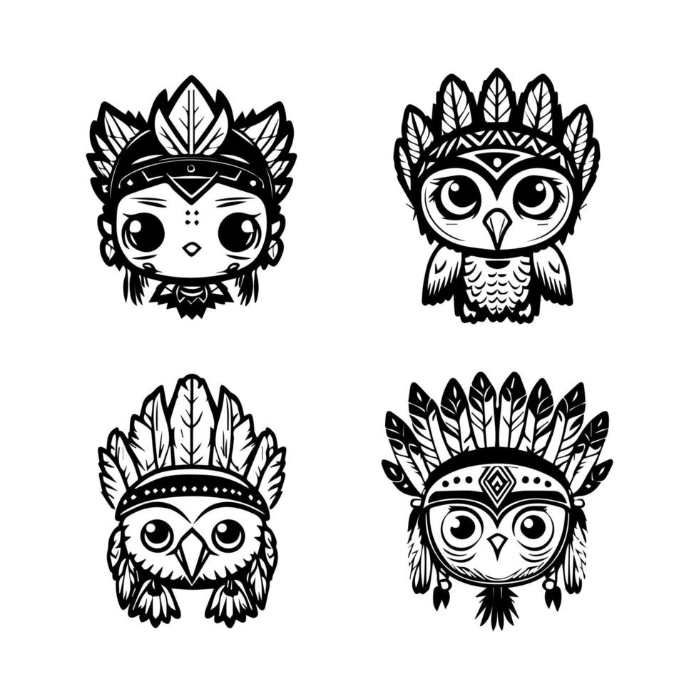 Hoot hoot. Our kawaii owl wearing Indian chief accessories collection is here. Hand drawn with love, these illustrations are sure to add a touch of whimsy to your project vector