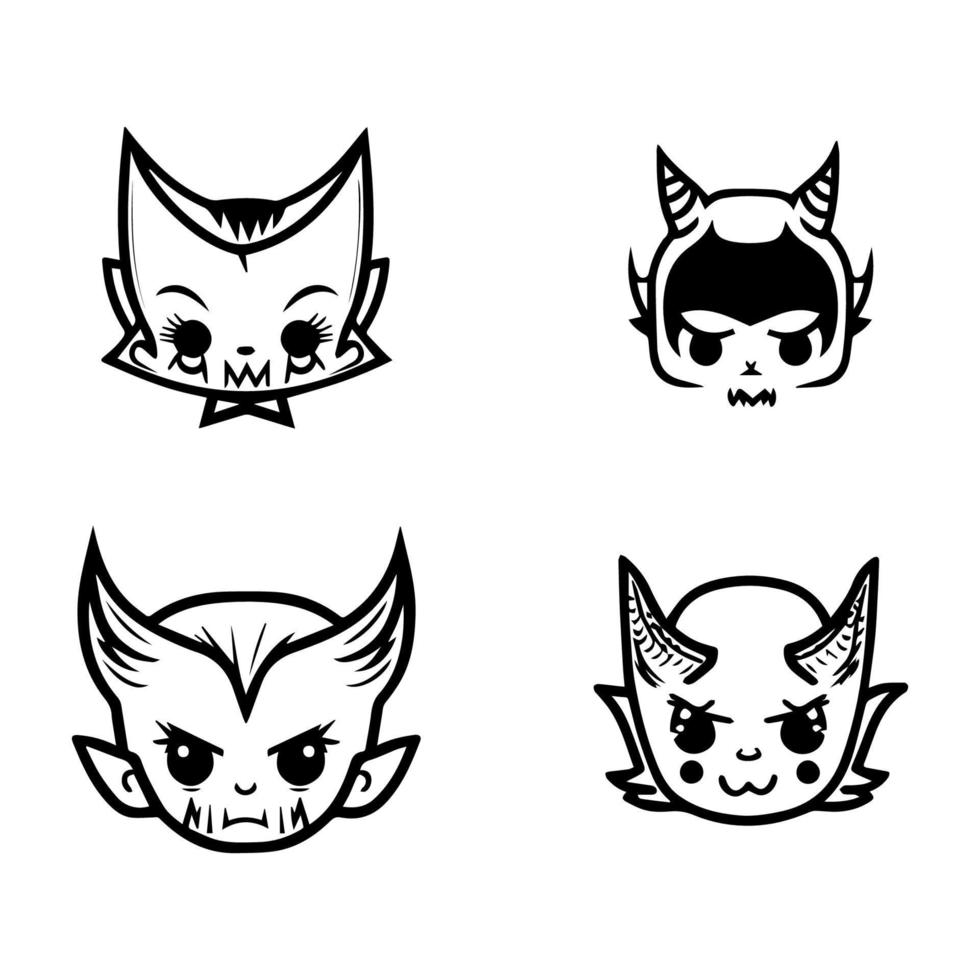A collection of cute anime devil heads featuring various expressions and accessories, Hand drawn in intricate line art vector