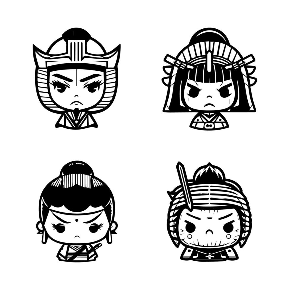 Bold and captivating Hand drawn collection set of cute Japanese samurai warriors, showcasing courage, strength, and cultural heritage vector