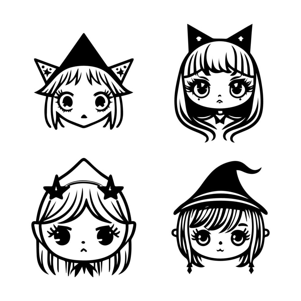 Get ready for some spooktacular fun with this cute kawaii spooky witch head collection set. Each witch head is Hand drawn with charming details that will put a smile on your face vector