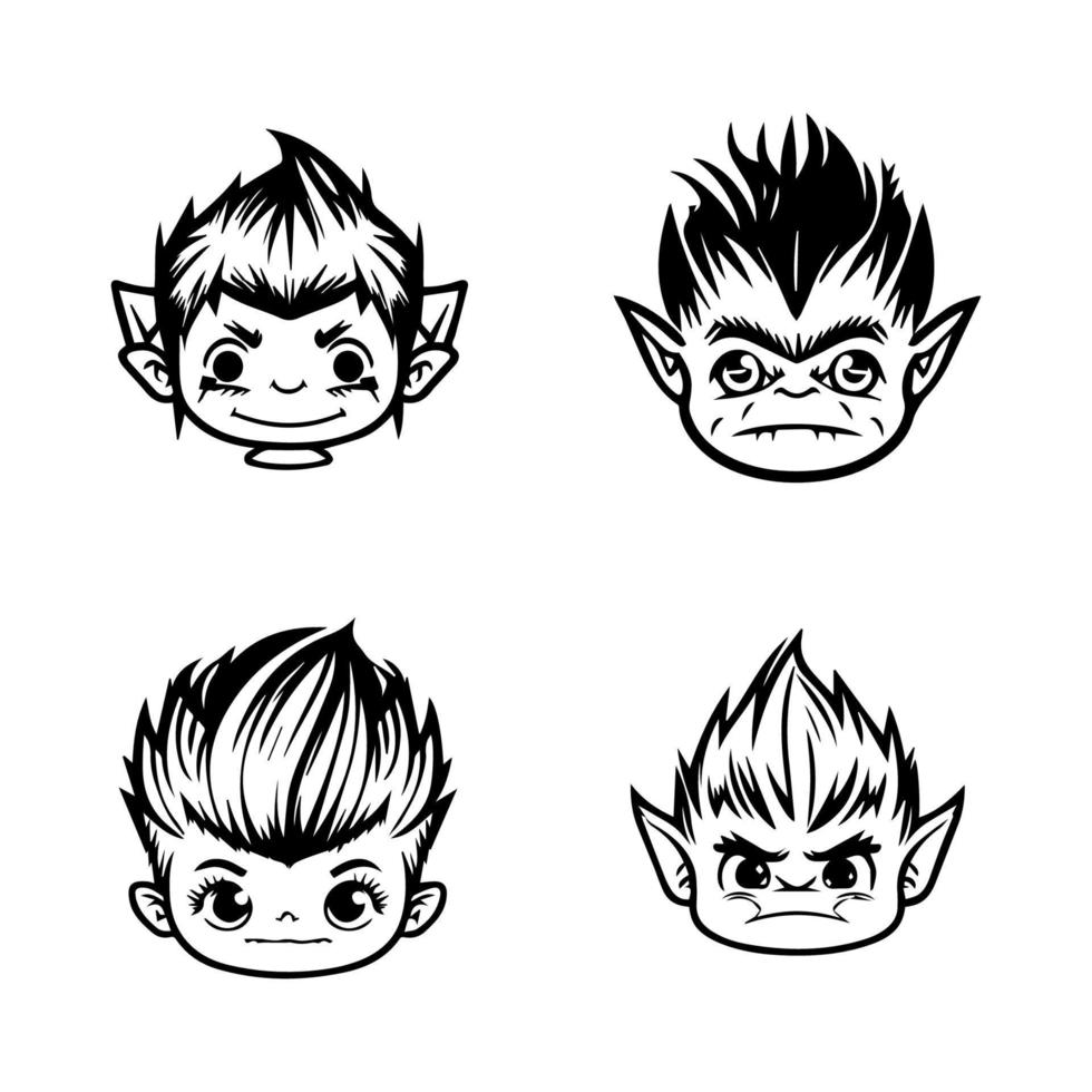 A cute anime troll head collection set featuring Hand drawn line art illustrations. Perfect for fans of fantasy creatures and kawaii art vector