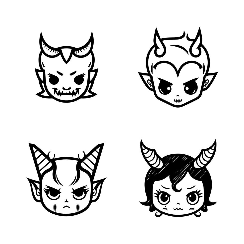 A collection of cute anime devil heads featuring various expressions and accessories, Hand drawn in intricate line art vector