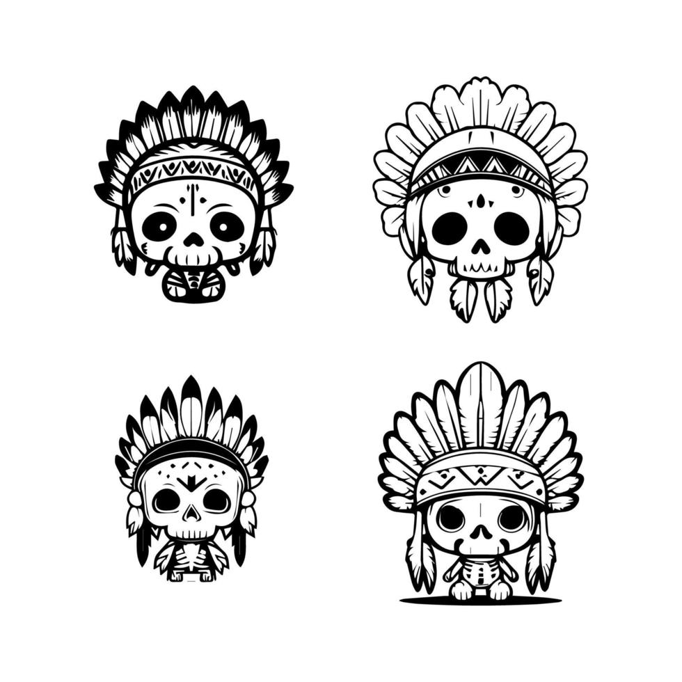 Add a touch of edgy cuteness to your project with our cute kawaii skull head logo wearing Indian chief accessories collection. Hand drawn with love, these illustrations vector