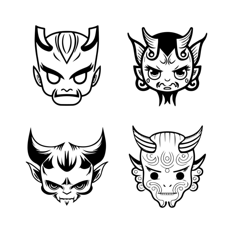 Delightful Hand drawn kawaii oni mask collection set, showcasing cute and charming line art illustrations of traditional Japanese folklore vector