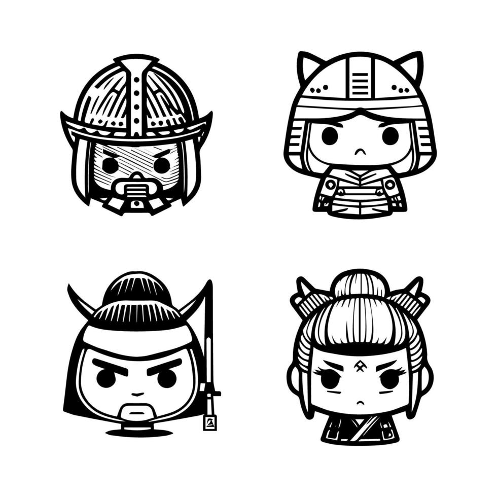 Bold and captivating Hand drawn collection set of cute Japanese samurai warriors, showcasing courage, strength, and cultural heritage vector