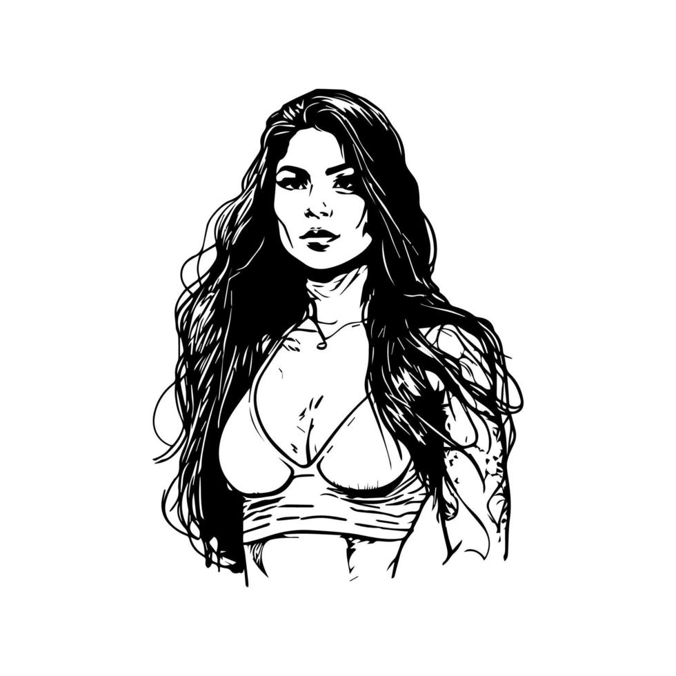 A stylish Chicano girl in black and white, rendered in intricate Hand drawn line art illustration vector