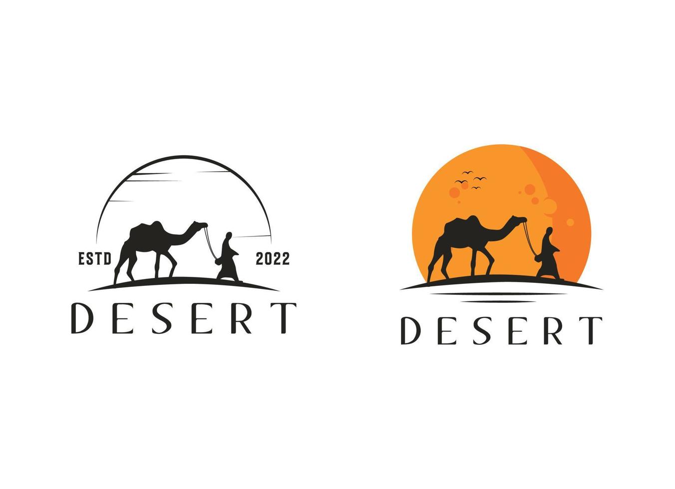 árabe logo caravana camellos en Desierto dunas en beige color oro arena debajo caliente Dom en circulo ondulado modelo antecedentes vector