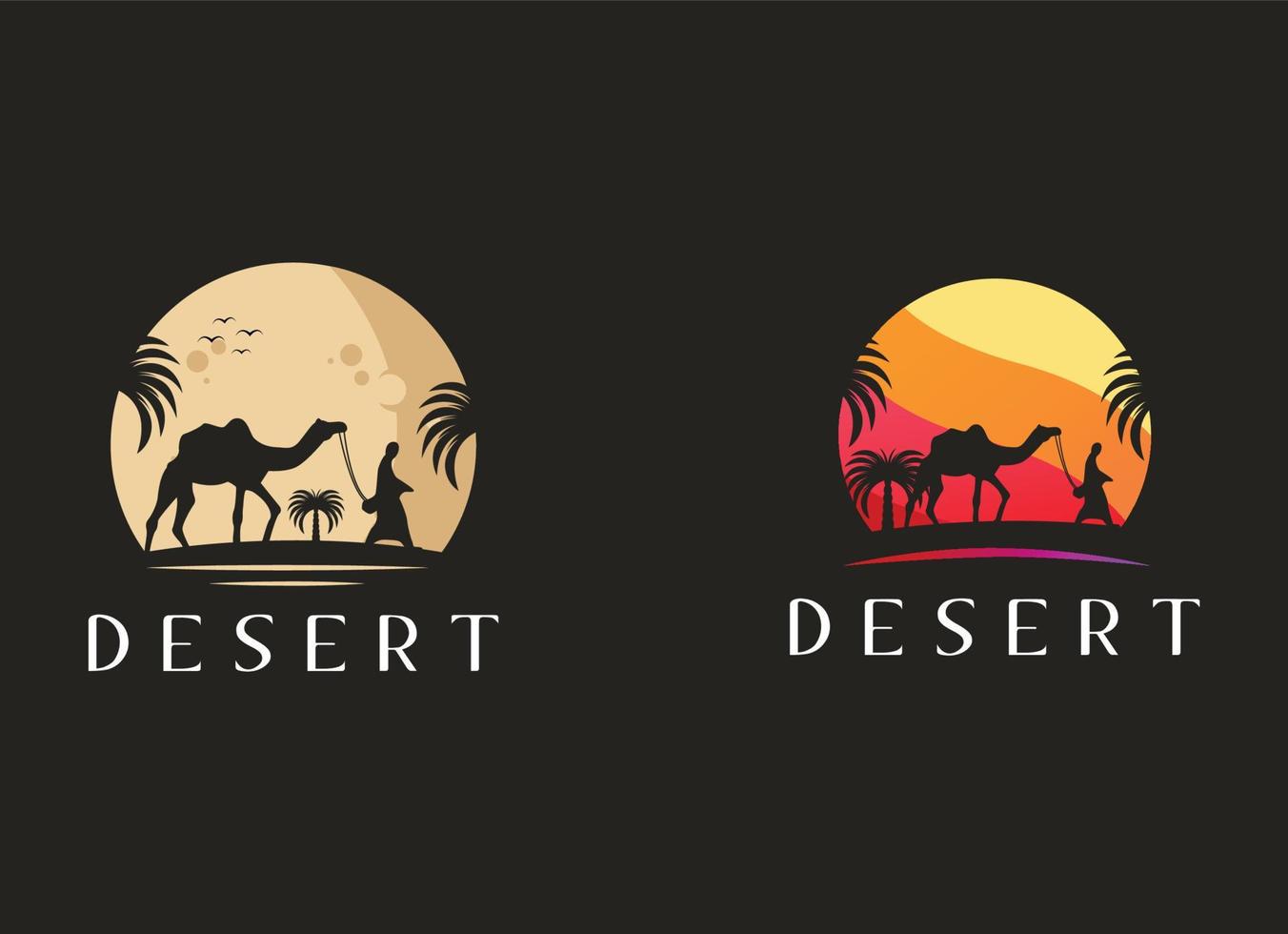 Arabian Logo caravan Camels in desert dunes on beige color gold sand under hot sun in circle wavy pattern background vector