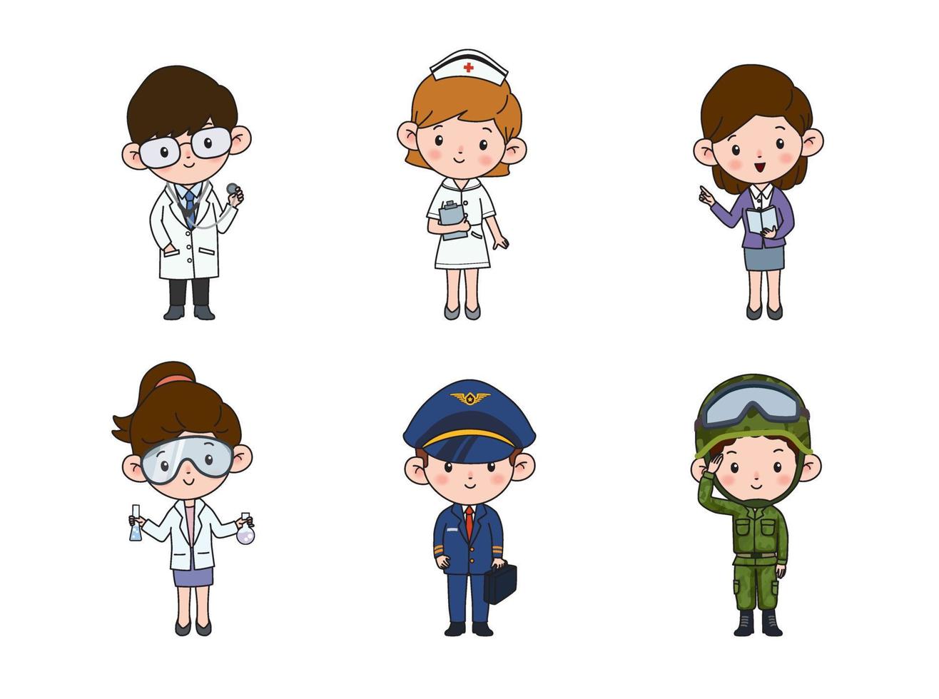 Kids professions. Cartoon cute children dressed in different occupation uniform. Vector characters with jobs different occupation.