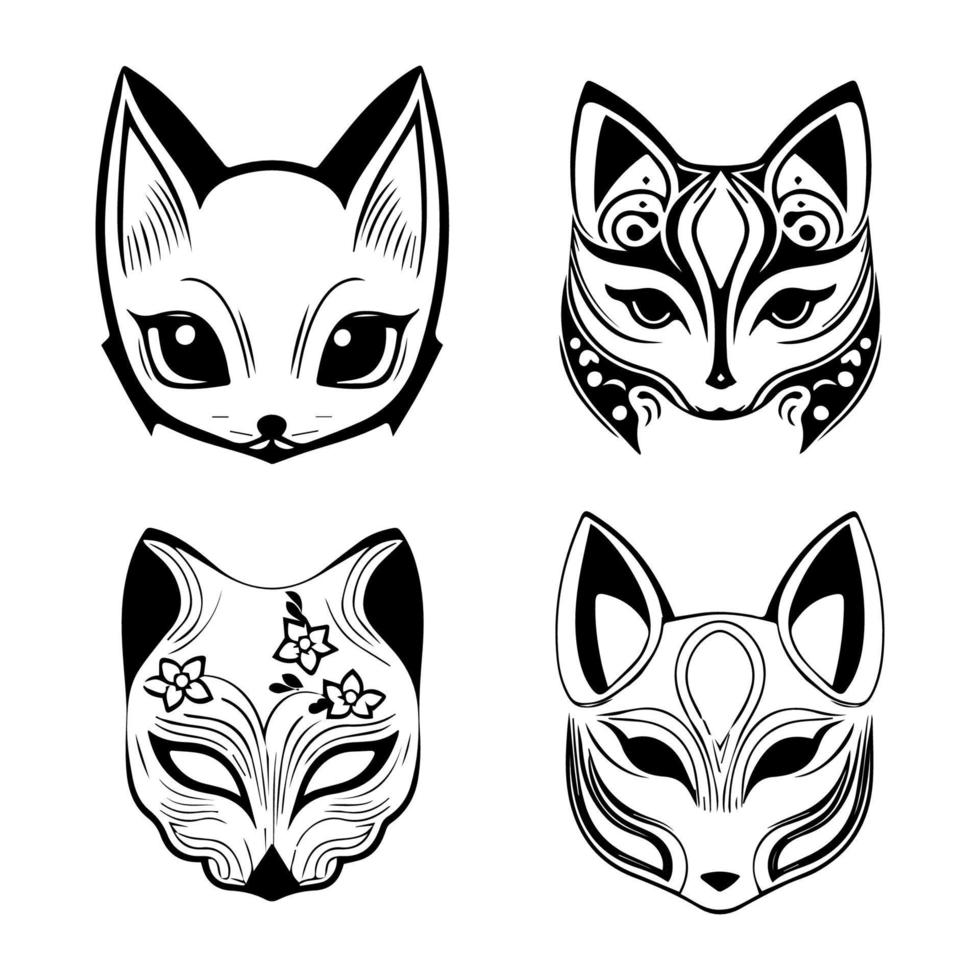 cute japanese kitsune mask collection set hand drawn illustration