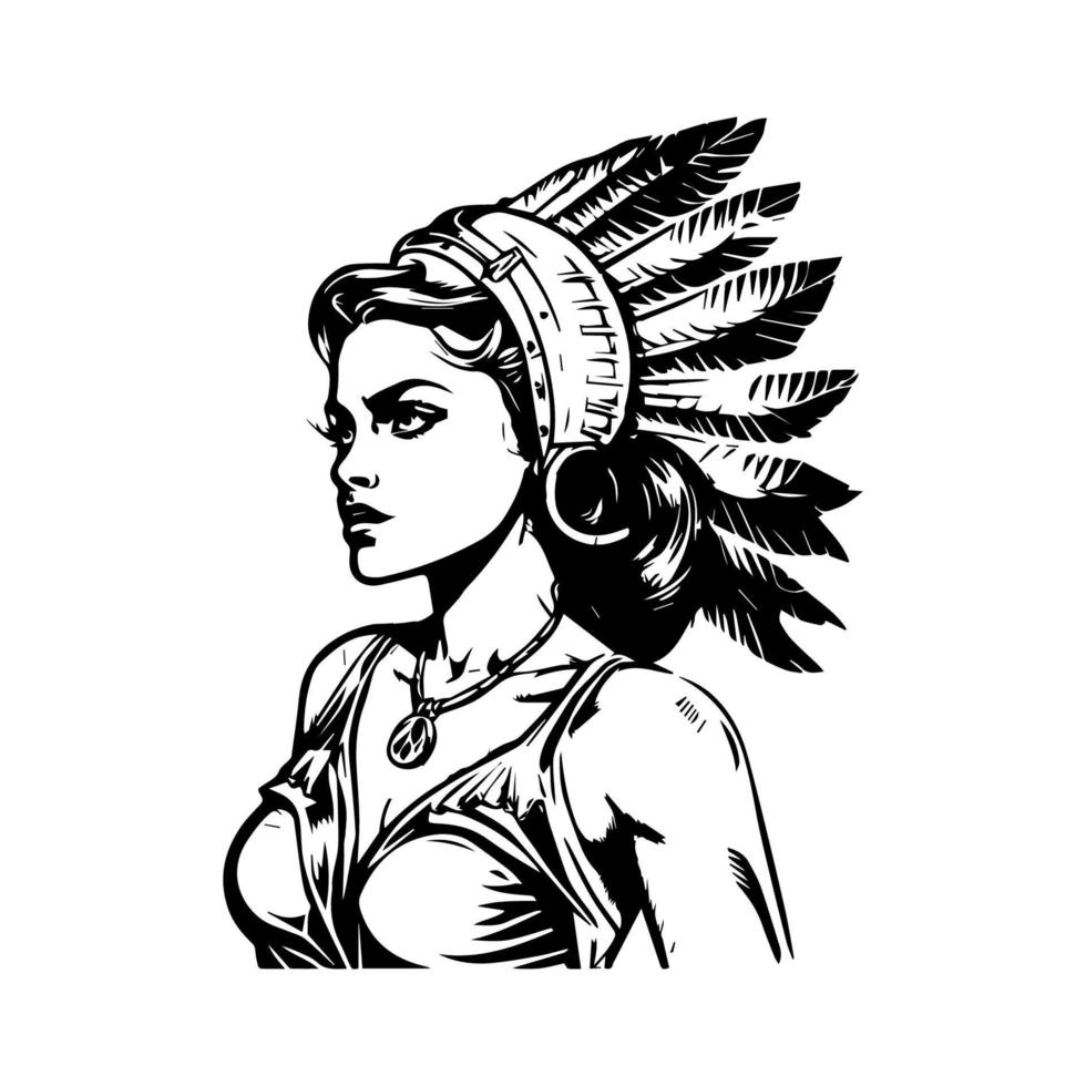 beautiful girl wearing indian chief head hand drawn illustration vector