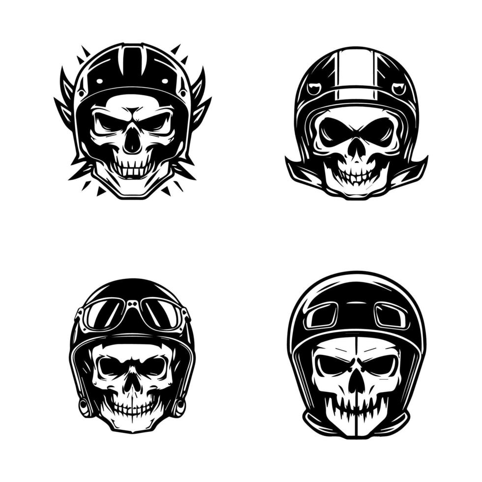 linda cráneo cabeza vistiendo motorista casco logo colección conjunto mano dibujado ilustración vector