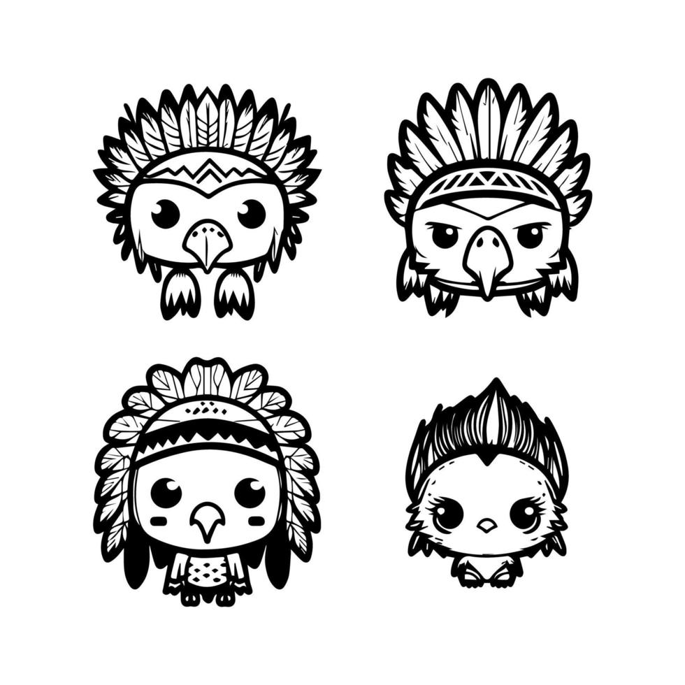 cute kawaii eagle head logo wearing indian chief accessories collection set hand drawn illustration vector