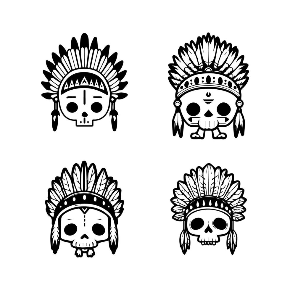 cute kawaii skull head logo wearing indian chief accessories collection set hand drawn illustration vector