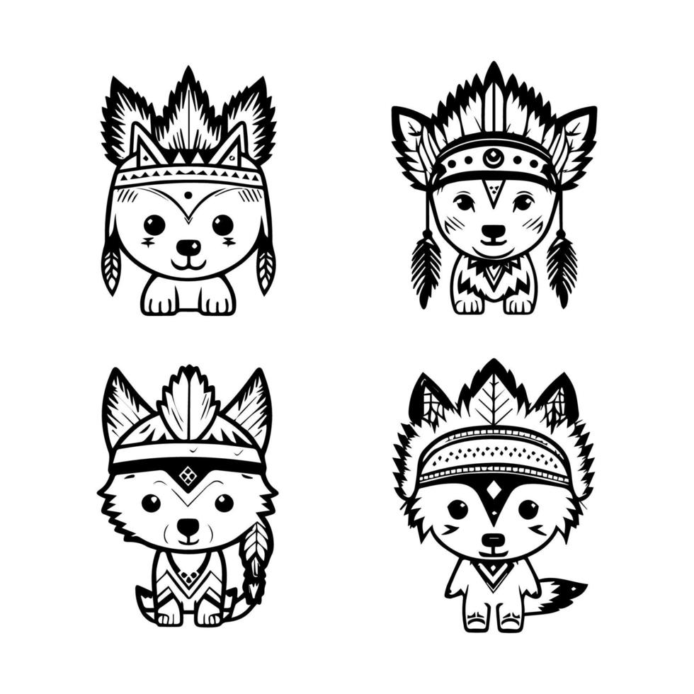 cute kawaii wolf logo wearing indian chief accessories collection set hand drawn illustration vector