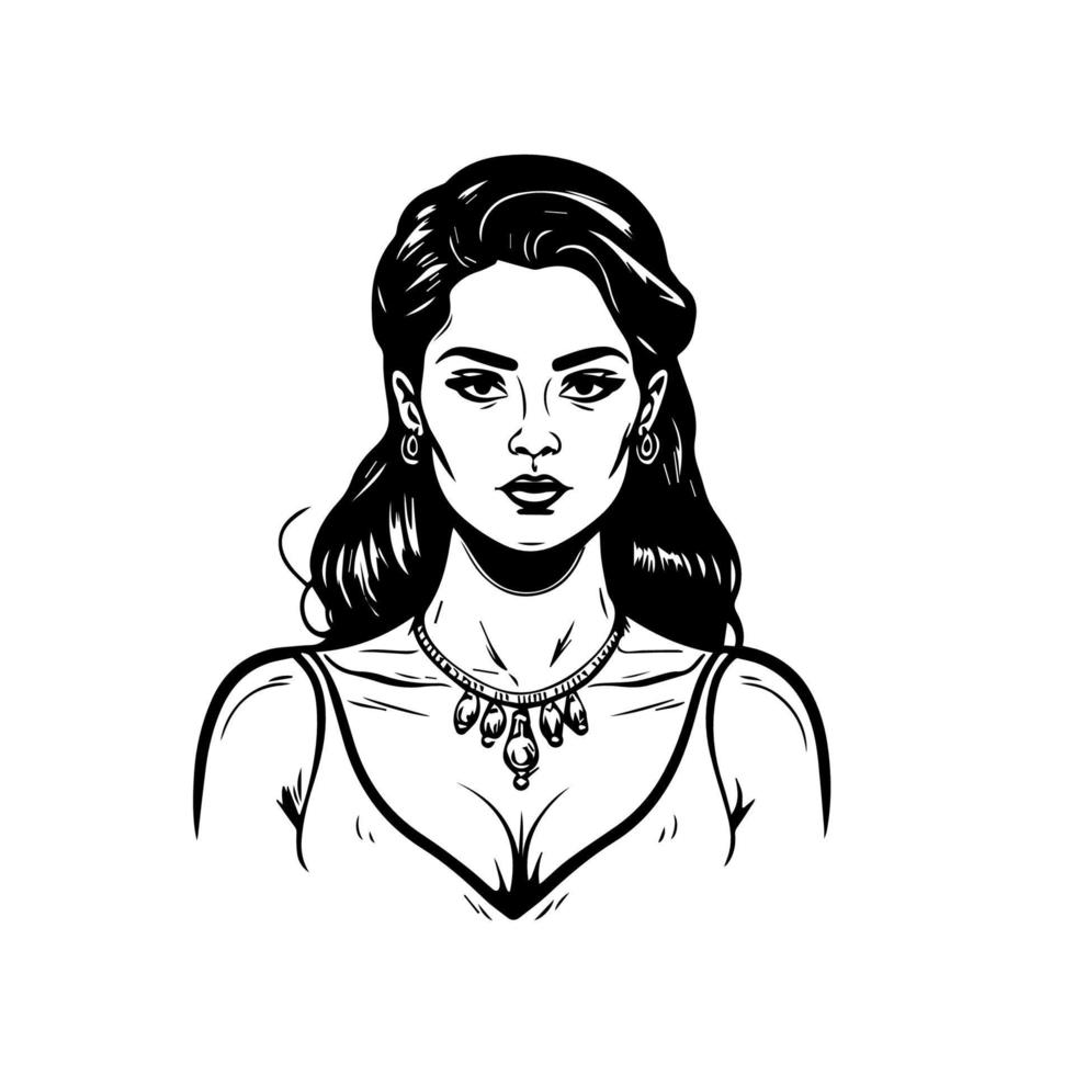 A stylish Chicano girl in black and white, rendered in intricate Hand drawn line art illustration vector