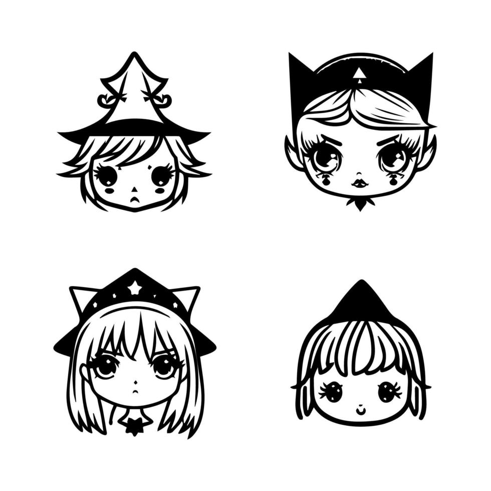 cute kawaii spooky witch head collection set hand drawn line art illustration vector