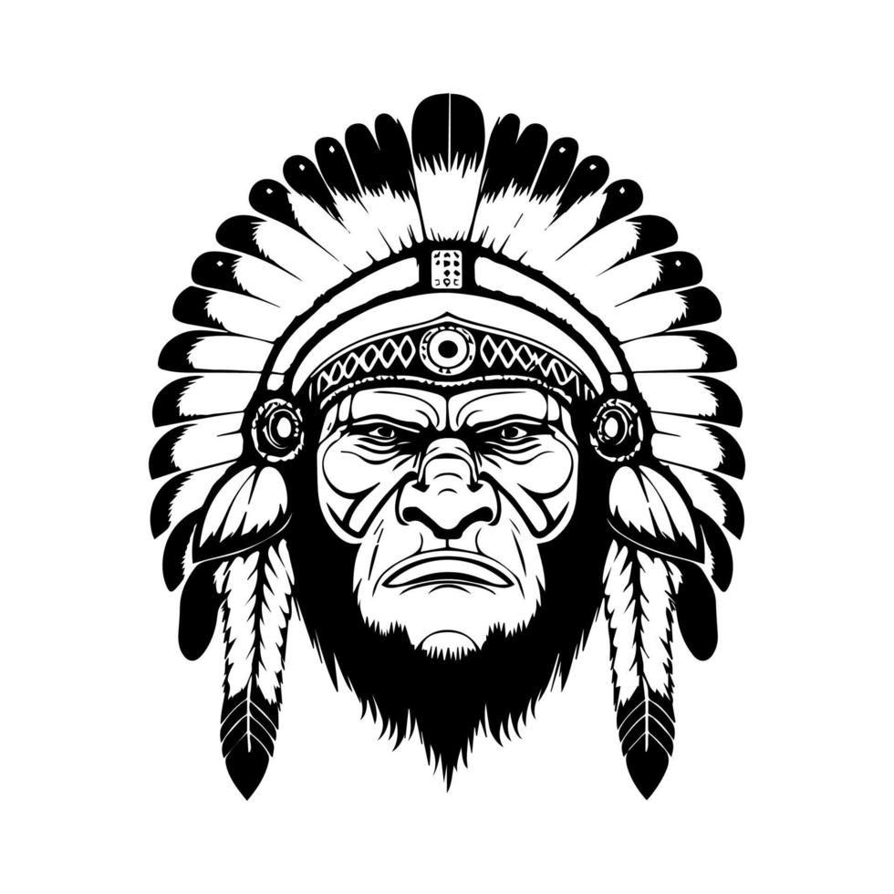 gorilla wearing indian chief head accessories collection set hand drawn illustration vector