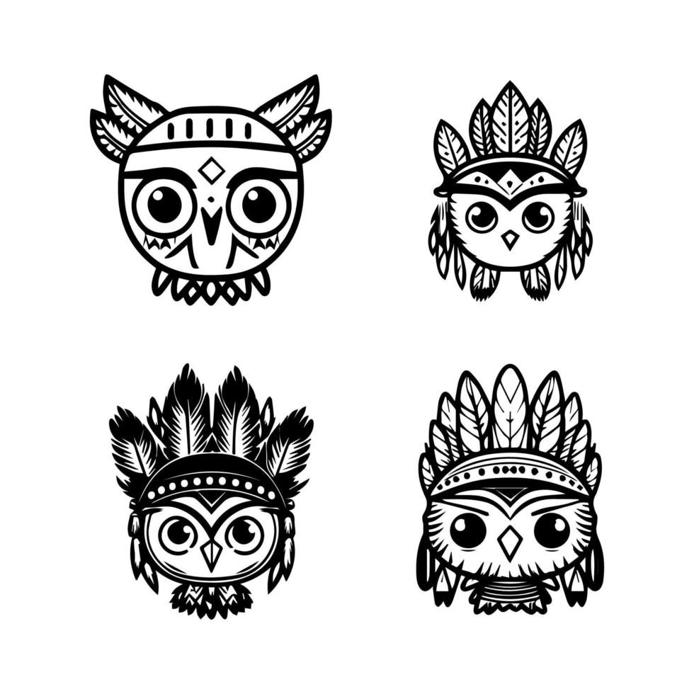 cute kawaii owl wearing indian chief accessories collection set hand drawn illustration vector