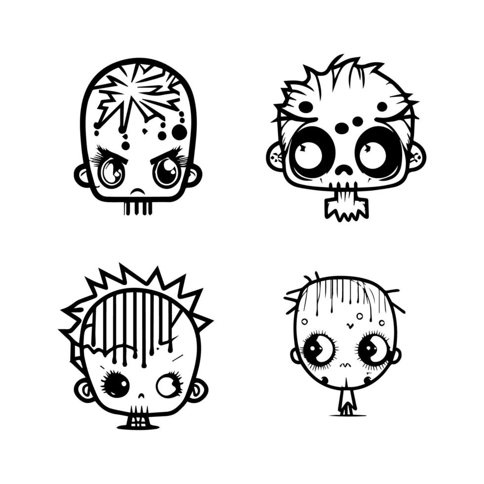 cute kawaii zombie head collection set hand drawn illustration vector