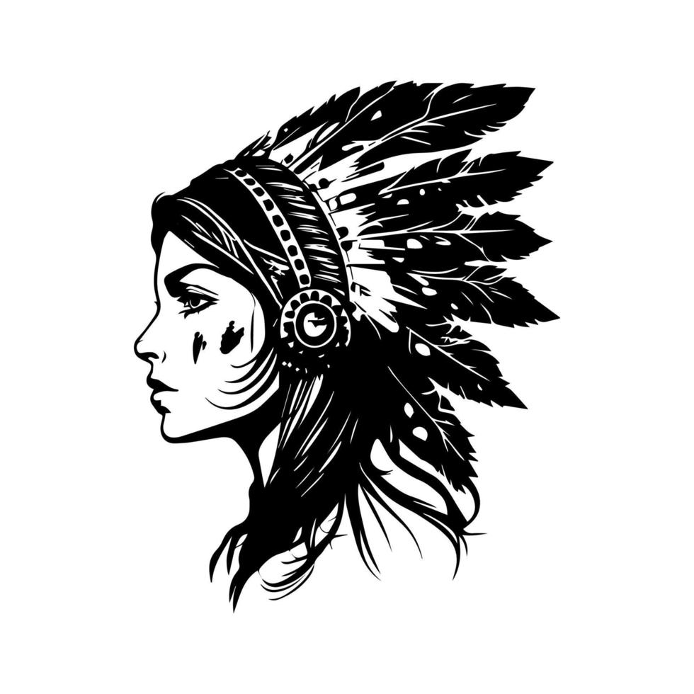 beautiful girl wearing indian chief head hand drawn illustration vector