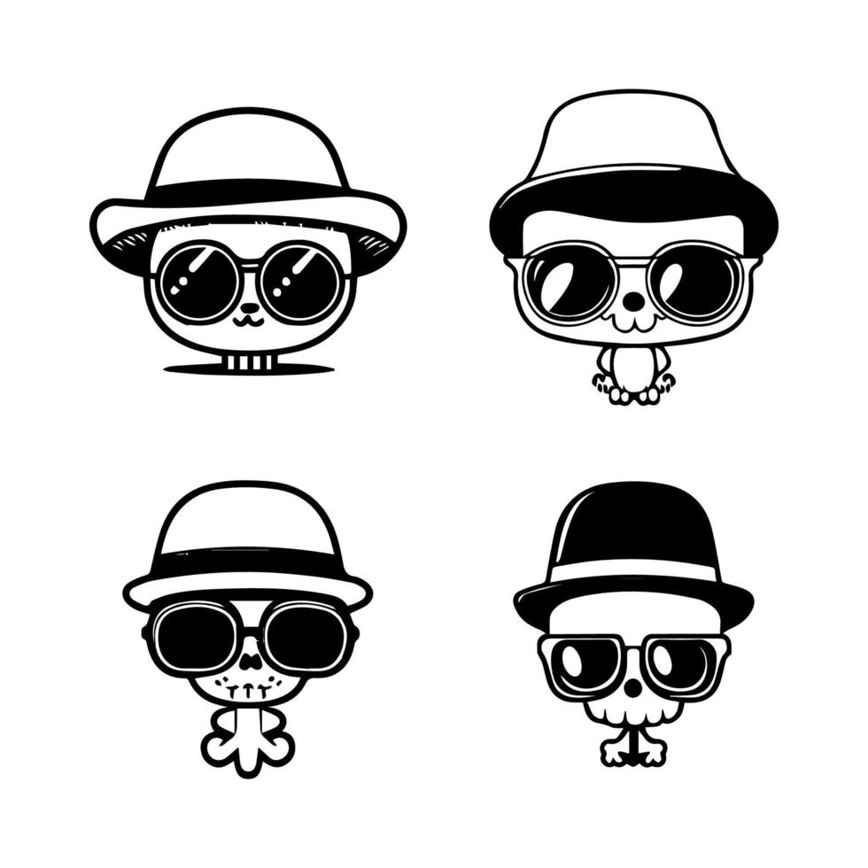 cute skull wearing sunglass logo collection set hand drawn illustration vector