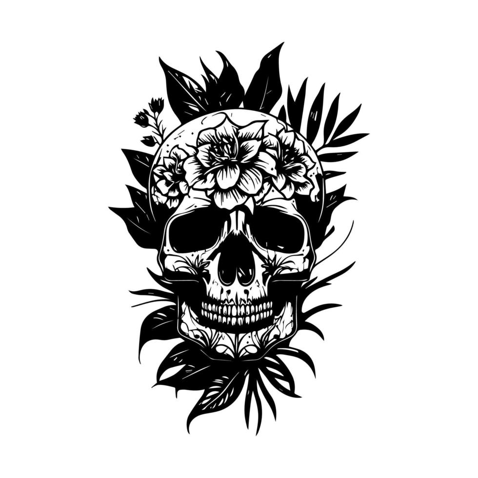 skull head with flower and leaf line art hand drawn illustration vector