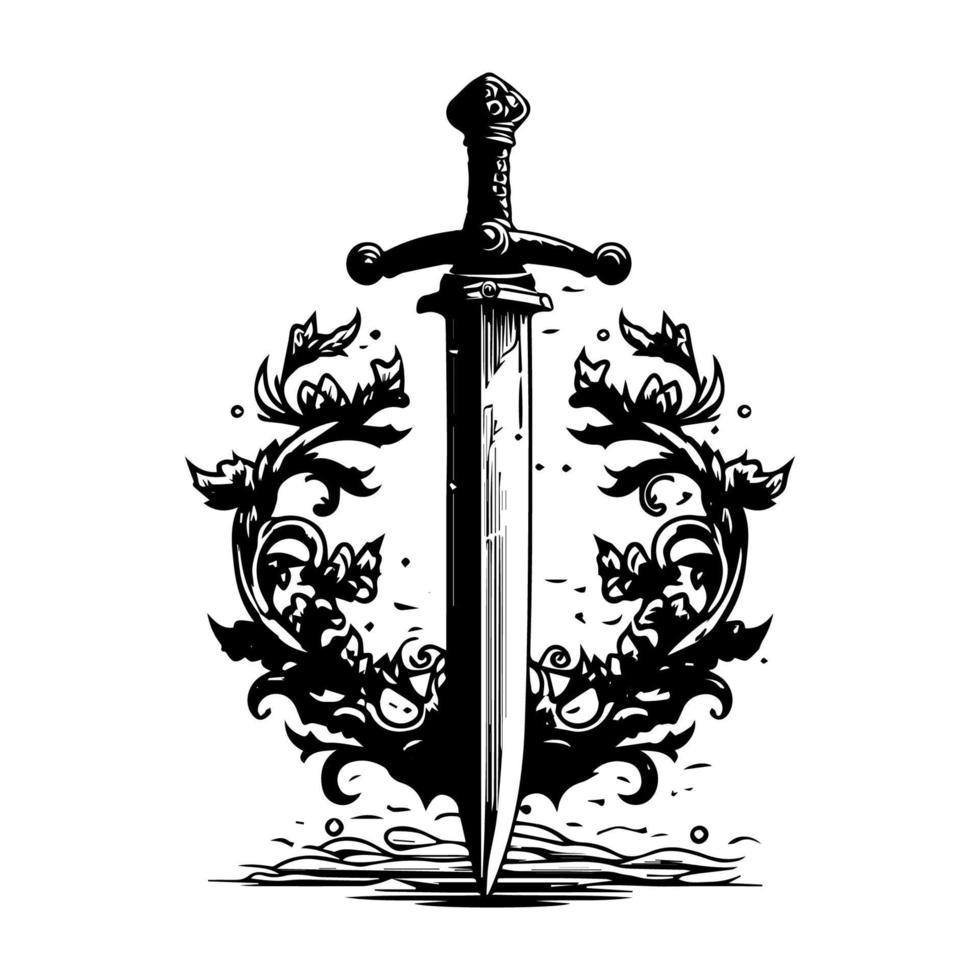 sword logo silhouette hand drawn illustration vector