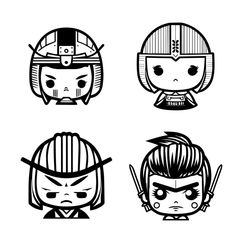 cute japanese samurai warrior collection set hand drawn illustration vector